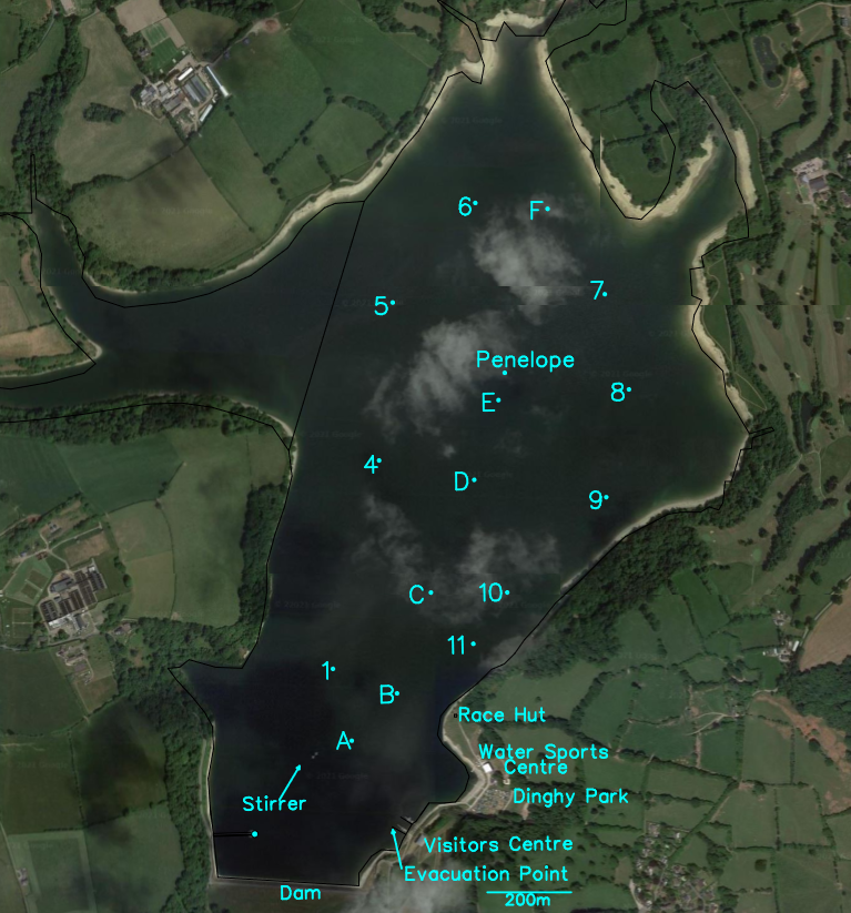 Aerial view of buoys at Llandegfedd